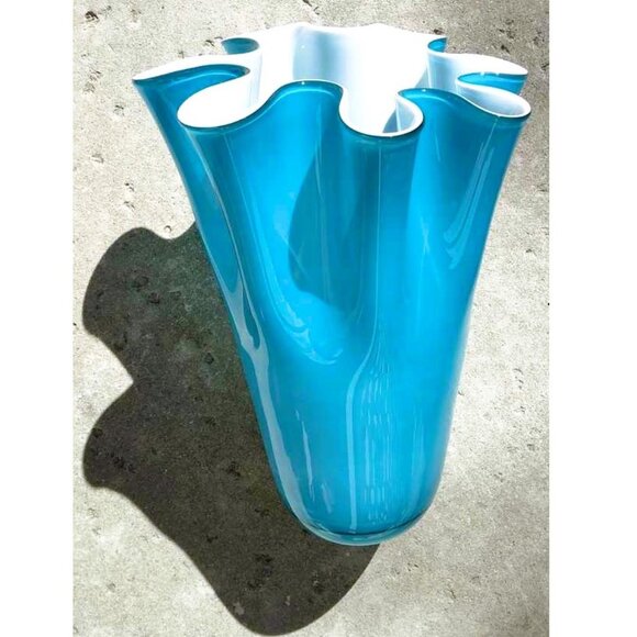 Tall Art Glass Handkerchief Sky Blue Vase with White Cased Glass Interior